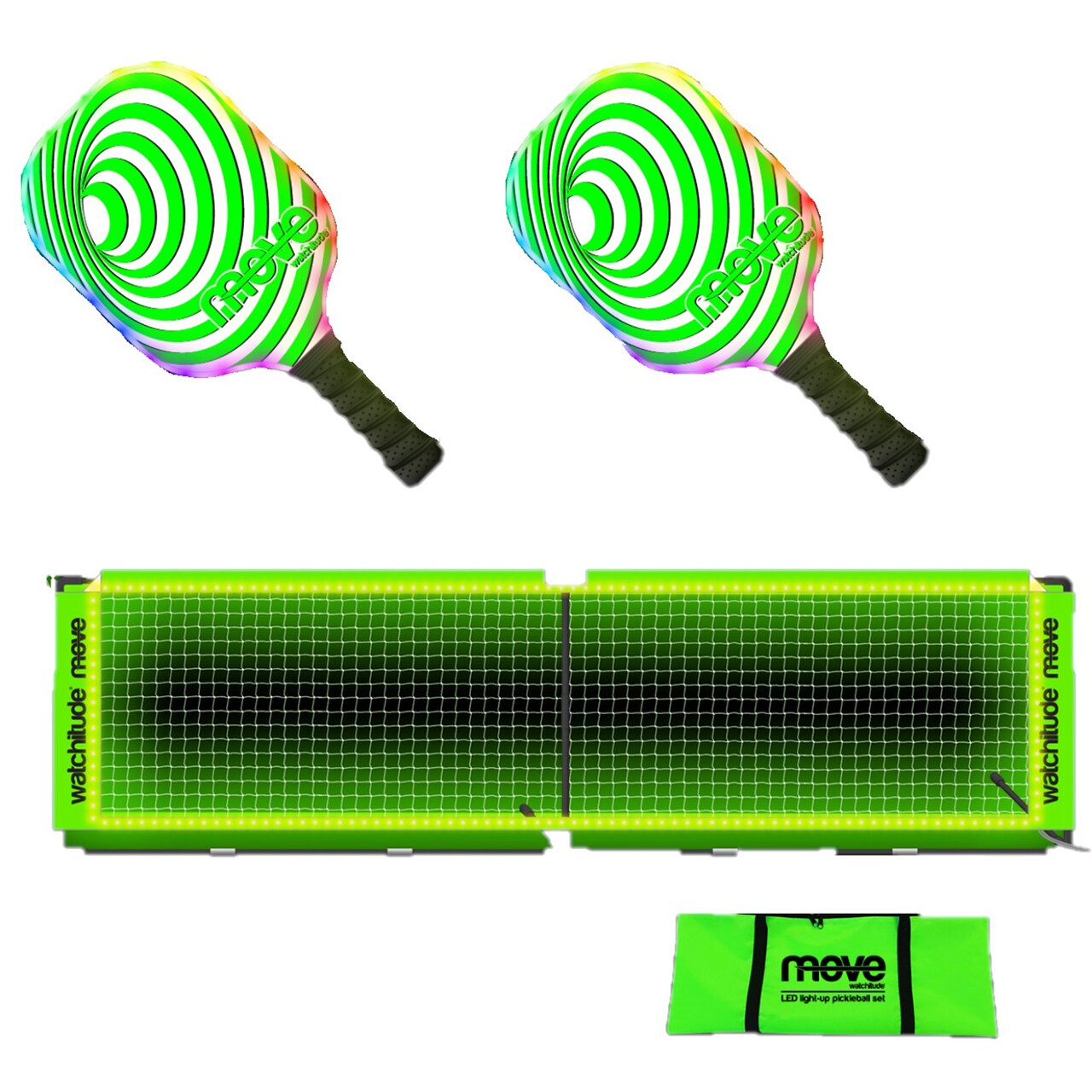 Watchitude: 10' LED Light-Up Pickleball Net Set - Indoor & Outdoor Sport Game Set, 20 Different Color Light Settings, 2 Paddles & Balls, Carry Bag